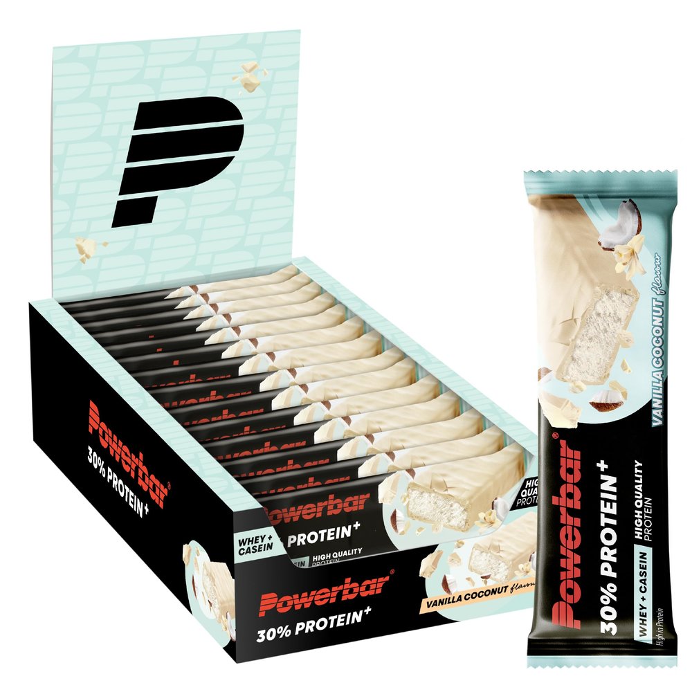 PowerBar 30% Protein Plus Vanilla Coconut, 15 x 55 g, High-Protein Bars with Whey & Casein, Collagen-Free