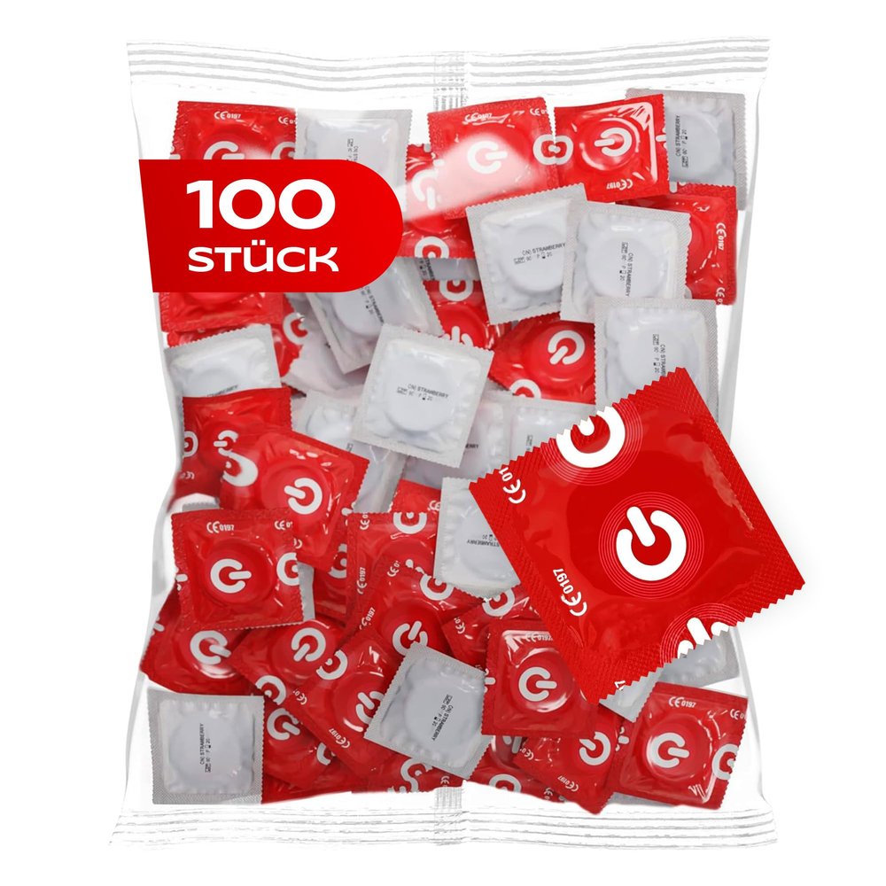 ON) Strawberry Condoms, 54 mm, 100-Pack, Red, 0.07 mm