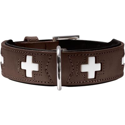 HUNTER SWISS Dog Collar, Brown/Black, Cowhide Leather, Handcrafted, Swiss Cross, Made in Germany, Size 42
