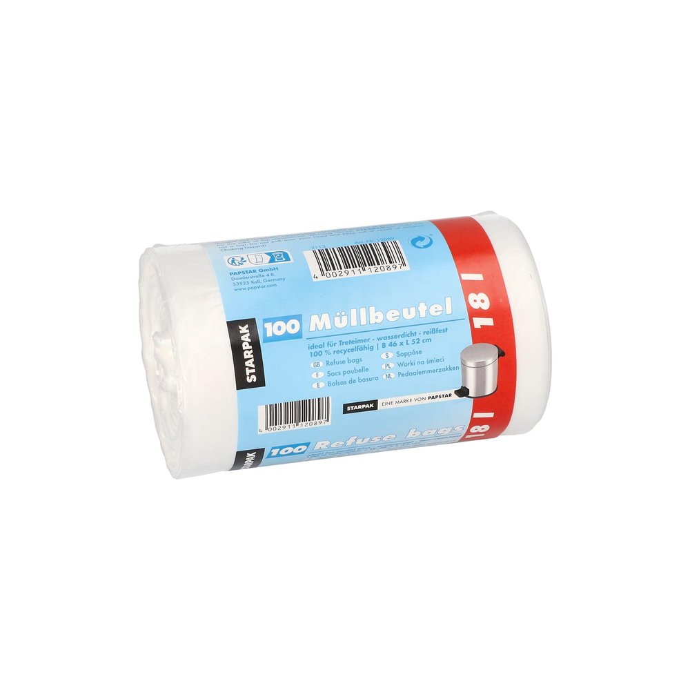PAPSTAR HDPE Trash Can Bags, 18 Liters, White, Pack of 1