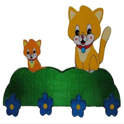 Children's Coat Rack, Solid Wood, Cat Design, 4 Hooks, 47 cm