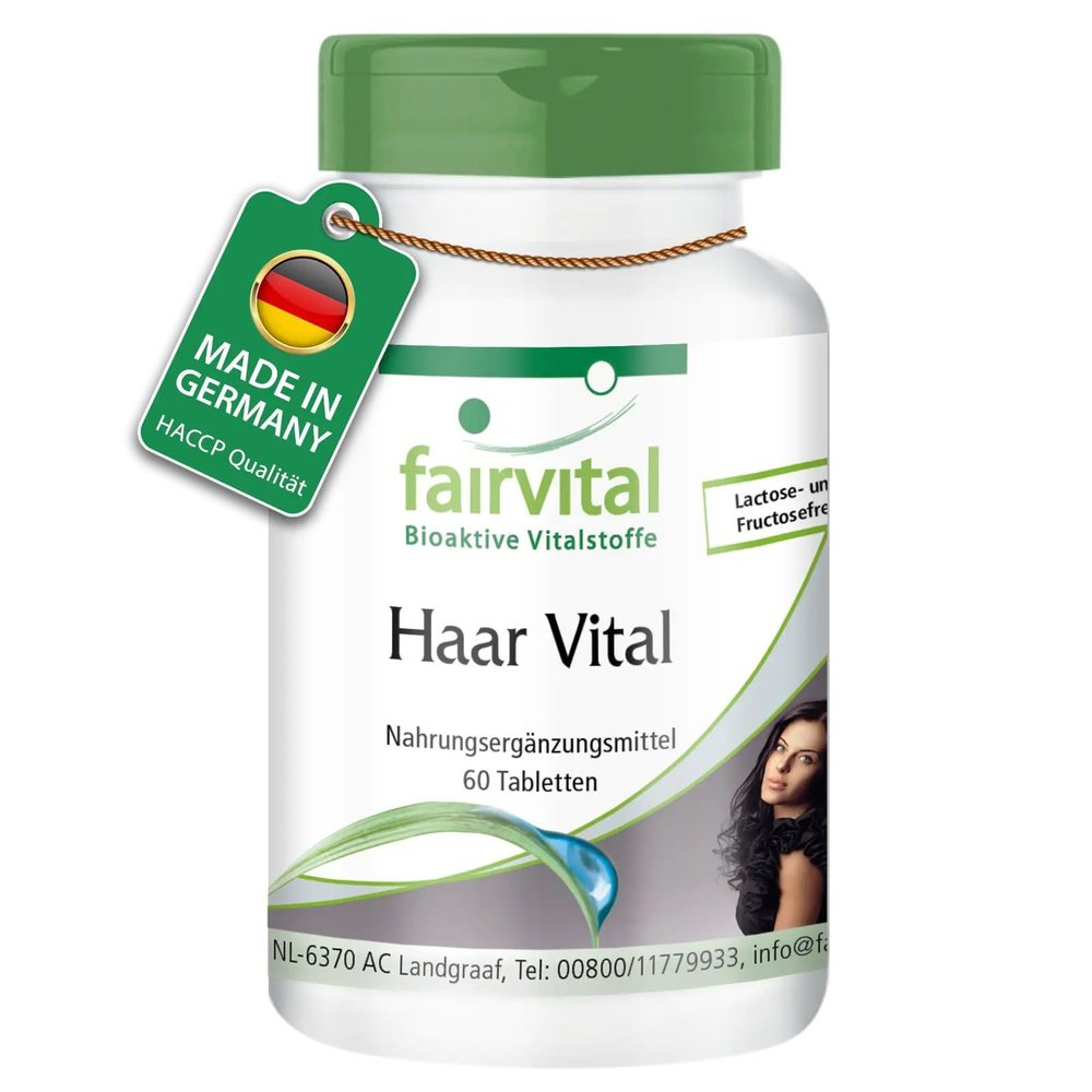 fairvital Hair Vitamins Tablets, Hair Vital, High-Dose, 60 Tablets with Vitamin B12, Biotin, Zinc, Trace Elements, Brewer’s Yeast and Soy Protein