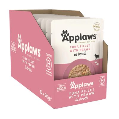 Applaws Premium Natural Wet Cat Food, Tuna Fillet with Pacific Prawn in Broth, 12 x 70 g Pouches
