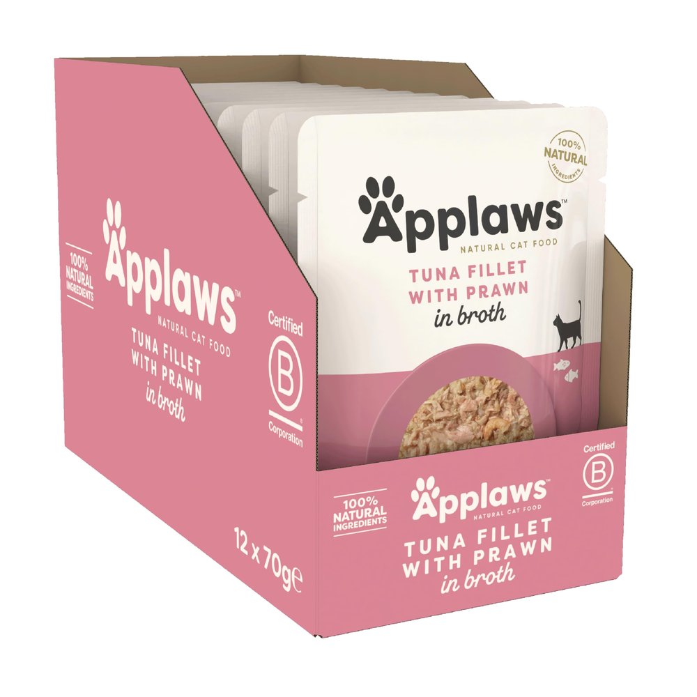 Applaws Premium Natural Wet Cat Food, Tuna Fillet with Pacific Prawn in Broth, 12 x 70 g Pouches