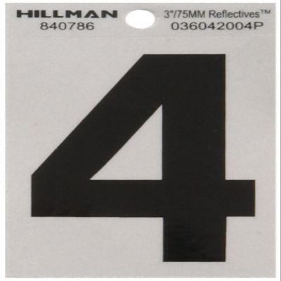 The Hillman Group 840786 House Number 4, 3 in, Black on Silver, Reflective, Square-Cut Mylar