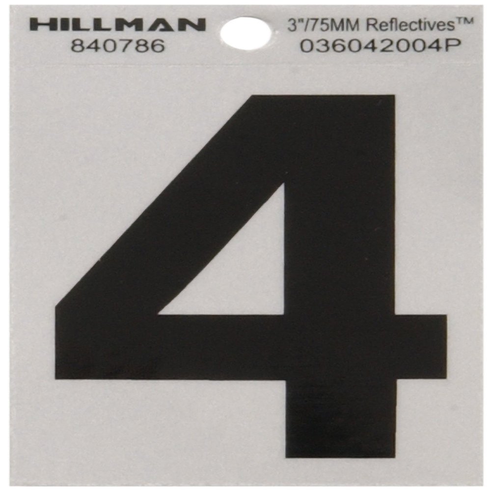 The Hillman Group 840786 House Number 4, 3 in, Black on Silver, Reflective, Square-Cut Mylar