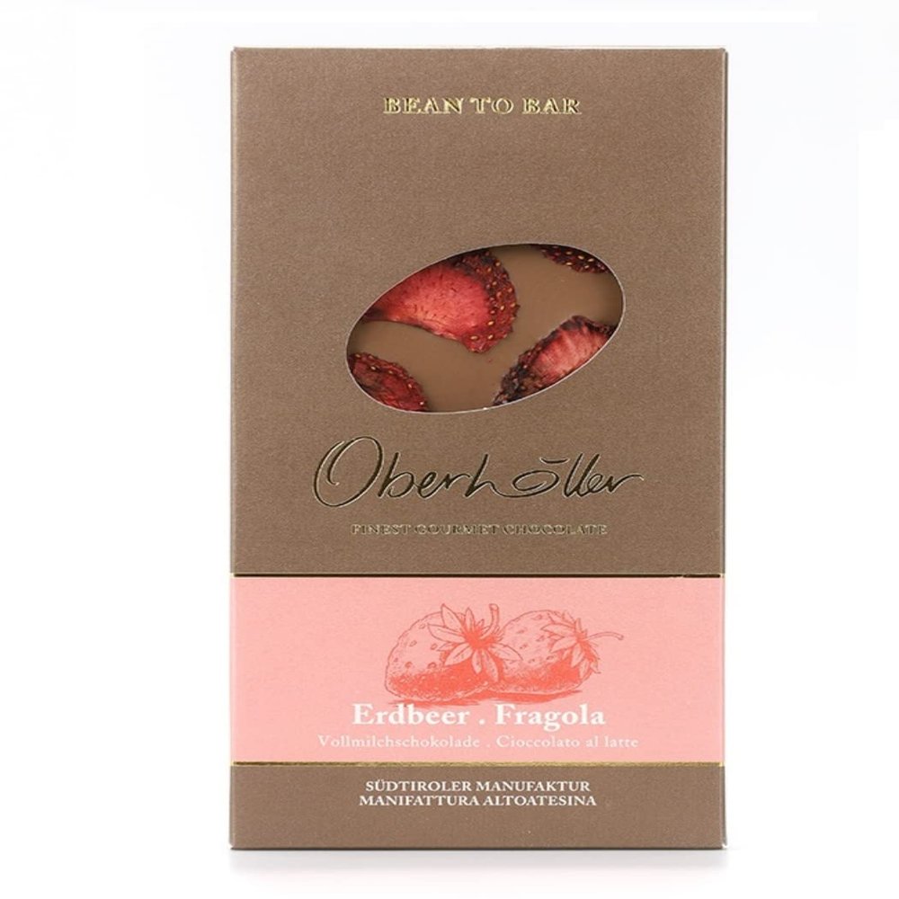 Oberholler Milk Chocolate with Strawberry, 100 g – 100% GMO-Free, No Preservatives, Bean-to-Bar, Made in South Tyrol
