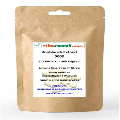 Garlic 5000mg 365 Capsules (Extract 50mg 100:1) High Dose Without Magnesium Stearate by VITASCOUT