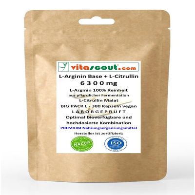 L-Arginine Base + L-Citrulline 6300, 380 Vegan Capsules