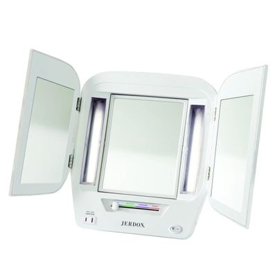 Jerdon JGL10W Euro Tri-Fold Lighted Mirror, 5X Magnification, 4 Light Settings, White