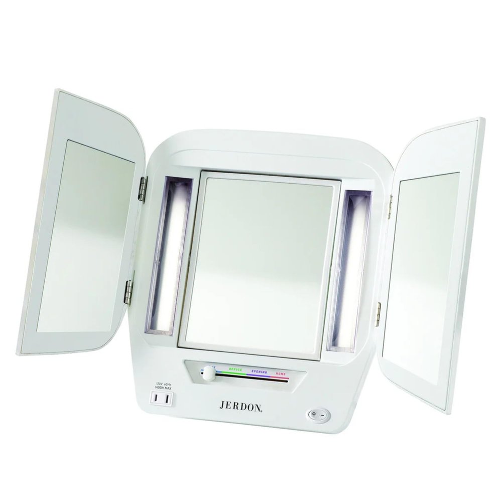 Jerdon JGL10W Euro Tri-Fold Lighted Mirror, 5X Magnification, 4 Light Settings, White