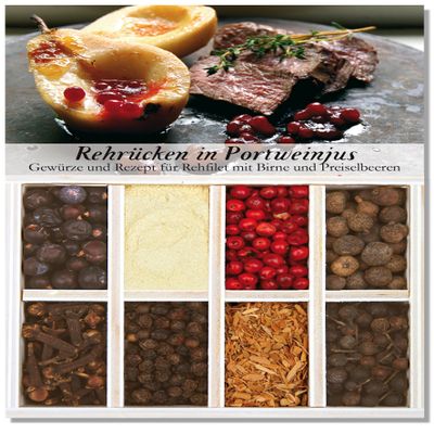 Venison Saddle in Port Wine Jus, 8-Spice Set for Venison Fillet with Pears and Cranberries, 46 g, in Wooden Box with Recipe and Shopping List