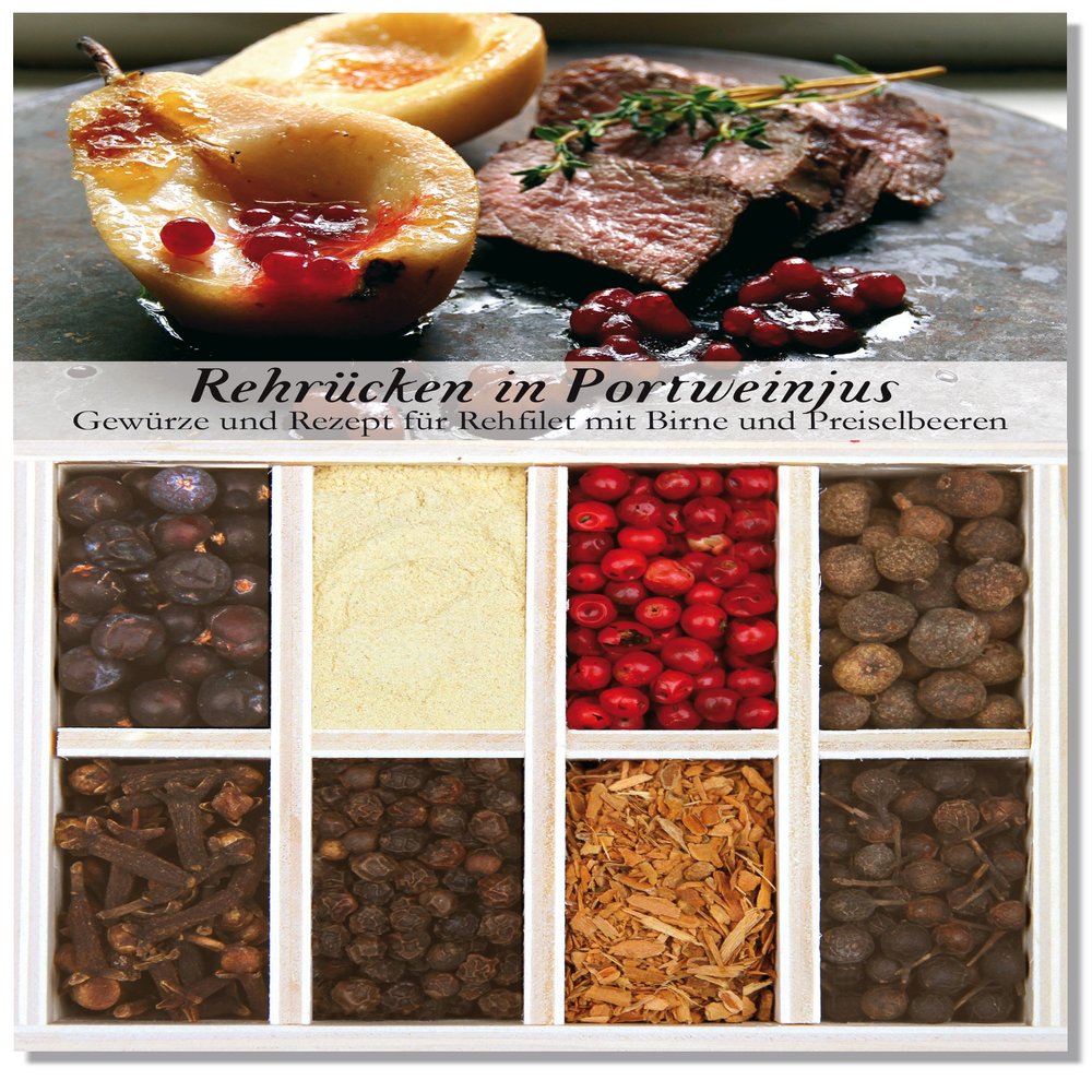 Venison Saddle in Port Wine Jus, 8-Spice Set for Venison Fillet with Pears and Cranberries, 46 g, in Wooden Box with Recipe and Shopping List