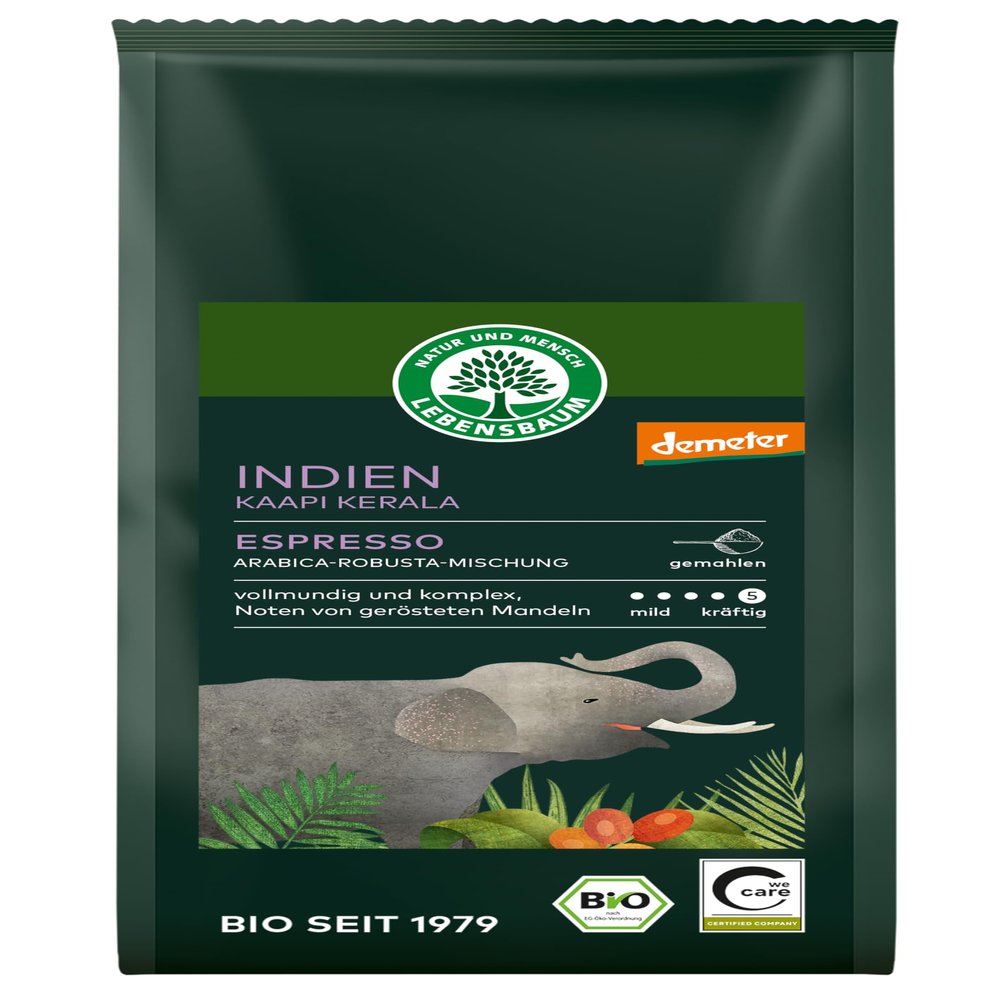 LEBENSBAUM Ground Organic Espresso India Kaapi Kerala, Arabica-Robusta Blend, Intensity 5/5, 250 g
