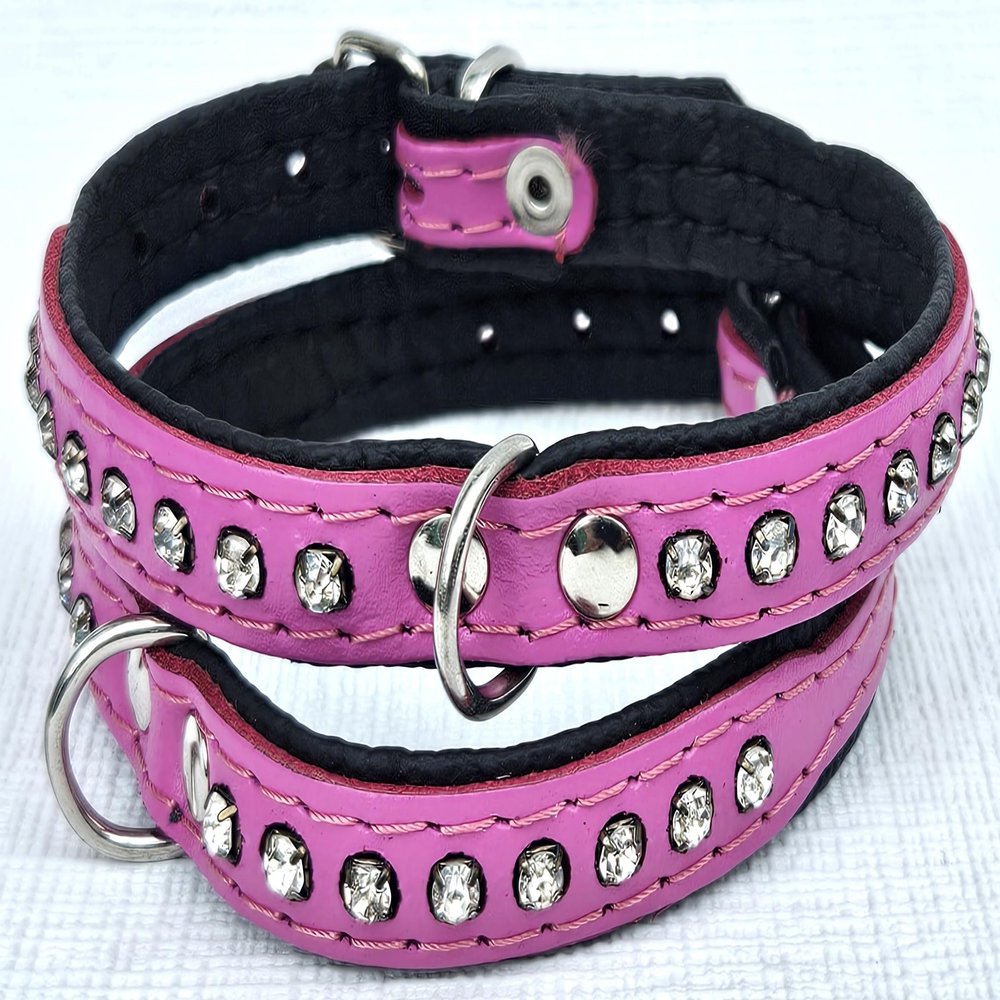 Pink Leather Dog Collar with Rhinestones, 19–23 cm Neck Size