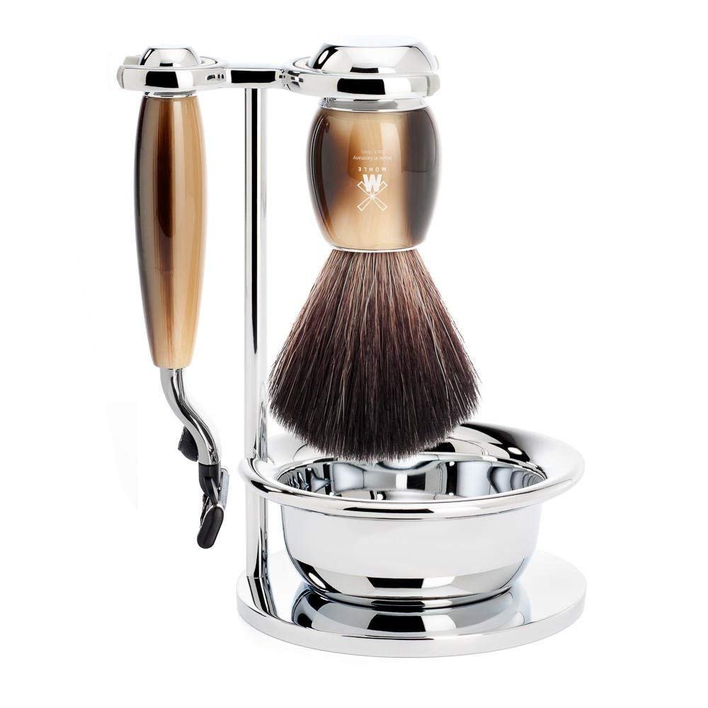 MHLE Vivo 4-Piece Shaving Set with System Razor, Horn-Brown Resin Handle