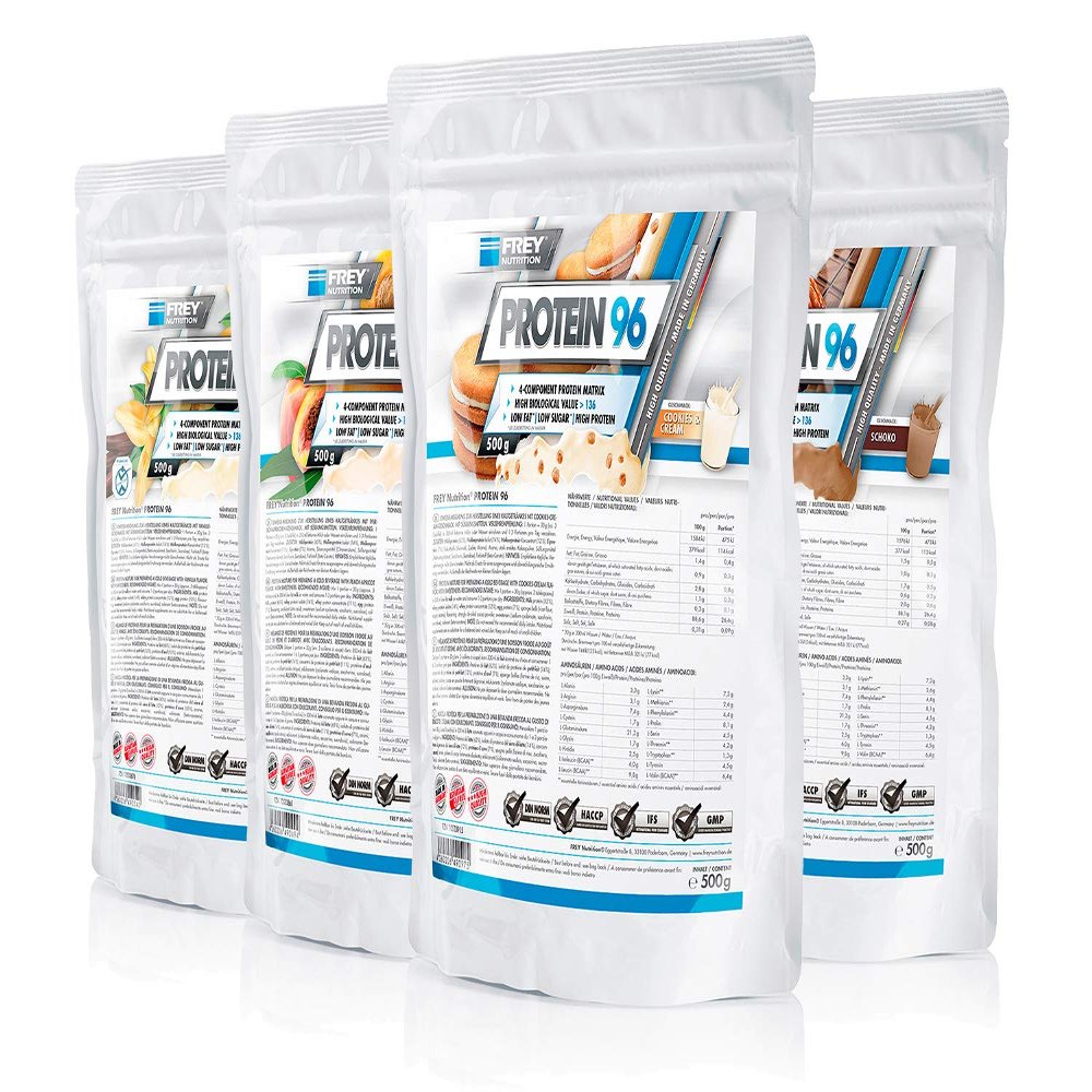 Frey Nutrition Protein 96, 4 x 500 g Bags, 4-Pack, Cookies & Cream – Ideal for Low-Carb Diet Phases and as a Snack – High Casein Content – Low Carb – Made in Germany