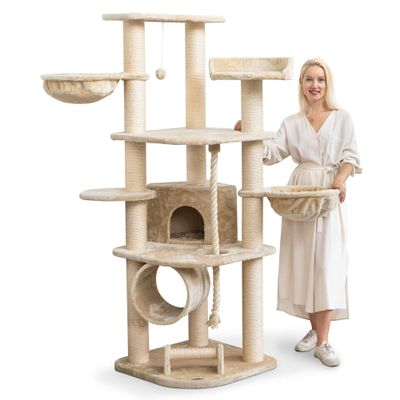 HAPPYPET 181 cm Cat Tree with 11 cm Posts, House, Tunnel and Loungers, Cream