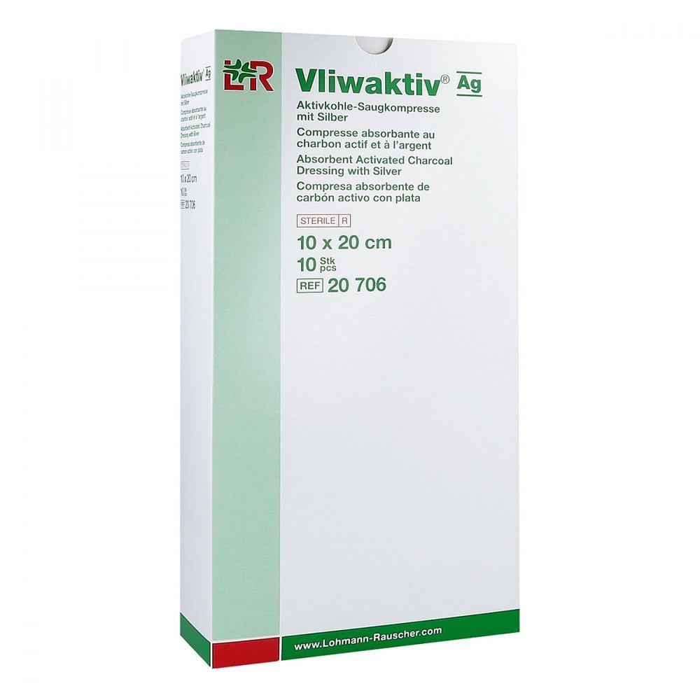 VLIWAKTIV AG Activated Charcoal Absorbent Compress with Silver, 10 x 20 cm, 10 Count