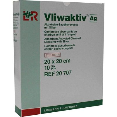VLIWAKTIV AG Activated Charcoal Absorbent Compress with Silver, 20 x 20 cm, 10 Count