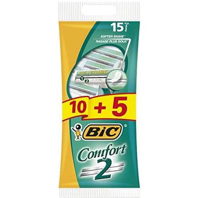 BIC Comfort 2 Disposable Razors for Men, 10+5 Pack