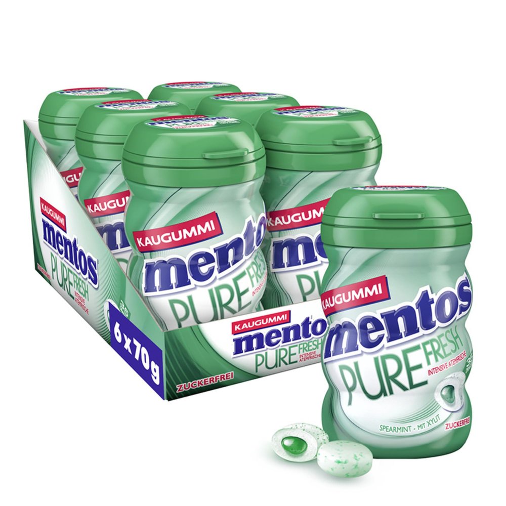 Mentos Pure Fresh Spearmint Sugar-Free Chewing Gum, 6 Boxes with Liquid Filling, 6 x 35 Pieces