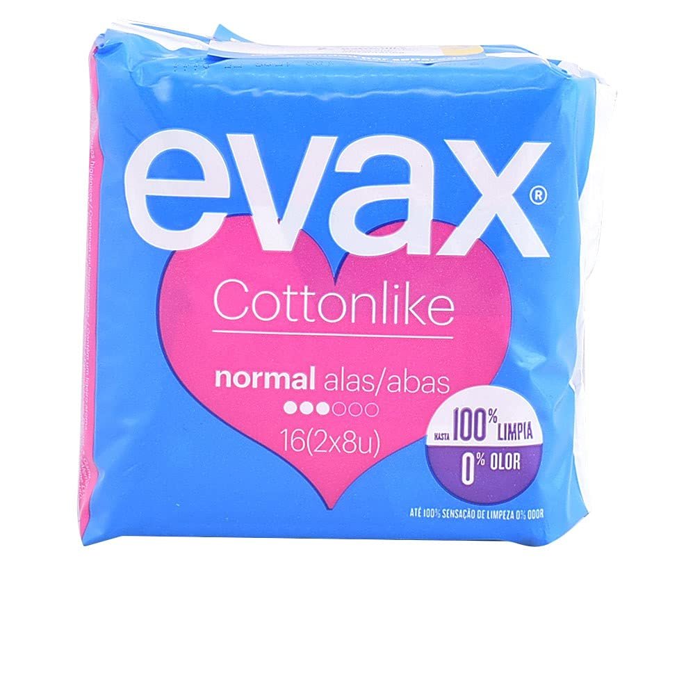 EVAX Cottonlike Normal Plus Feminine Pads with Wings, 2-Pack of 8 (16 Pads), 100% Clean, 0% Odor