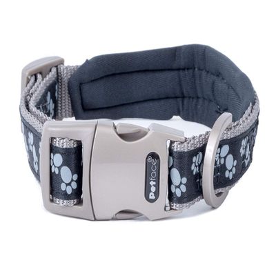 Petface Signature - Padded Dog Collar, Black with Gray Paw Print, M