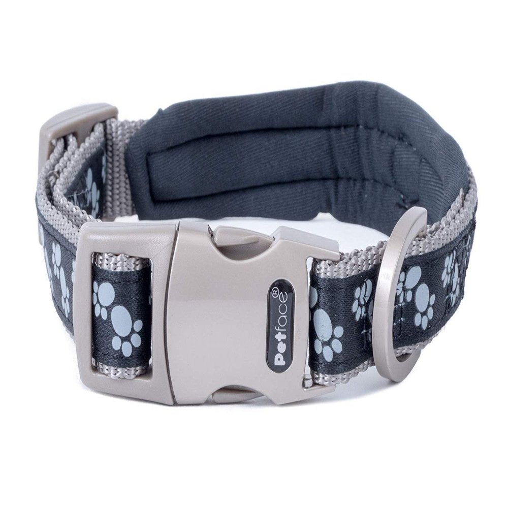 Petface Signature - Padded Dog Collar, Black with Gray Paw Print, M