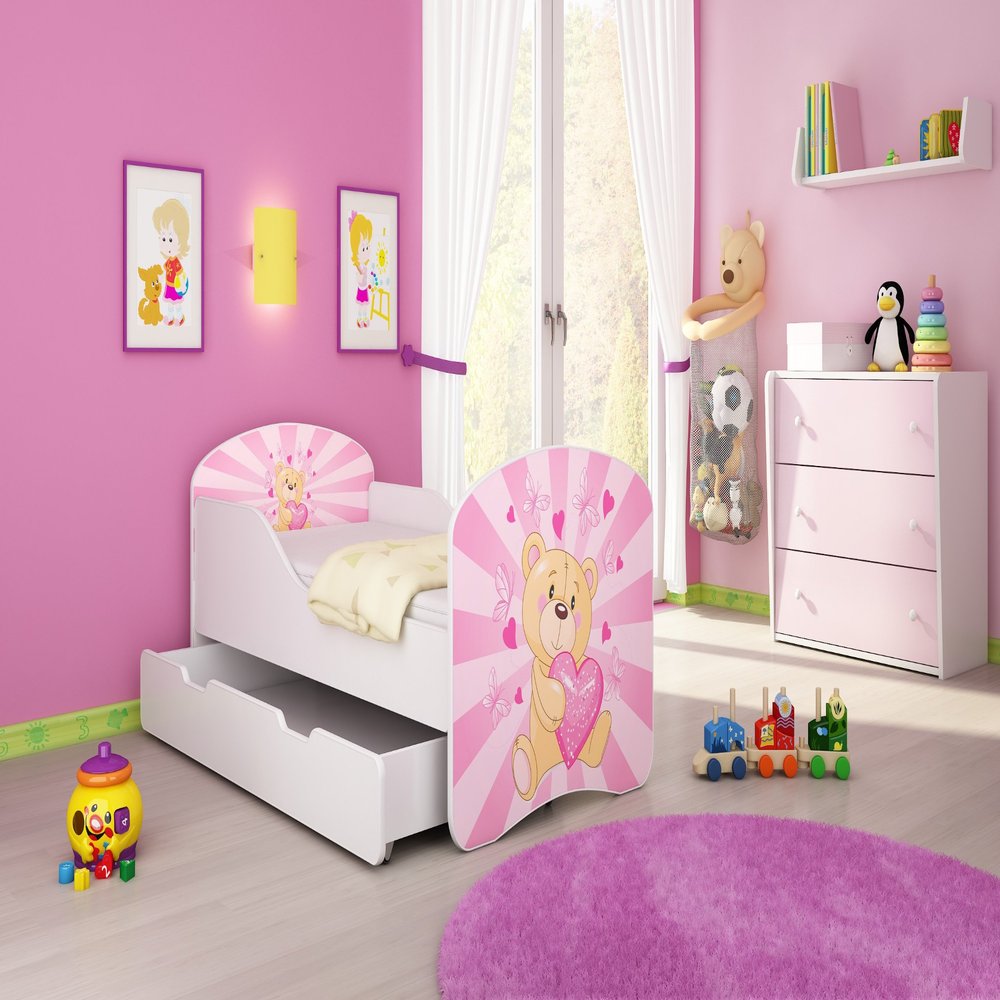 CLAMARO “Traumland” Kids’ Bed 80 x 160 cm, Pink Teddy Bear Design, with Mattress, Slatted Base and Rolling Storage Drawer