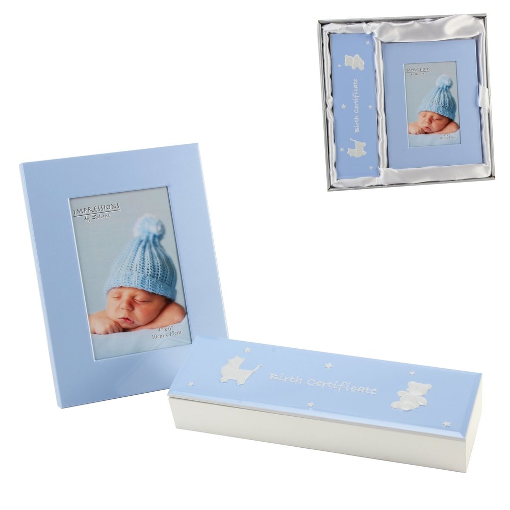 Sweet Christening Gift for Boys – Light Blue Birth Gift Set with Picture Frame and Birth Certificate Box