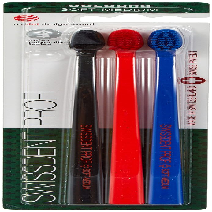 SWISSDENT PROFI COLOURS Toothbrushes, Medium-Soft Bristles, Patented Spoon Shape, 3-Pack
