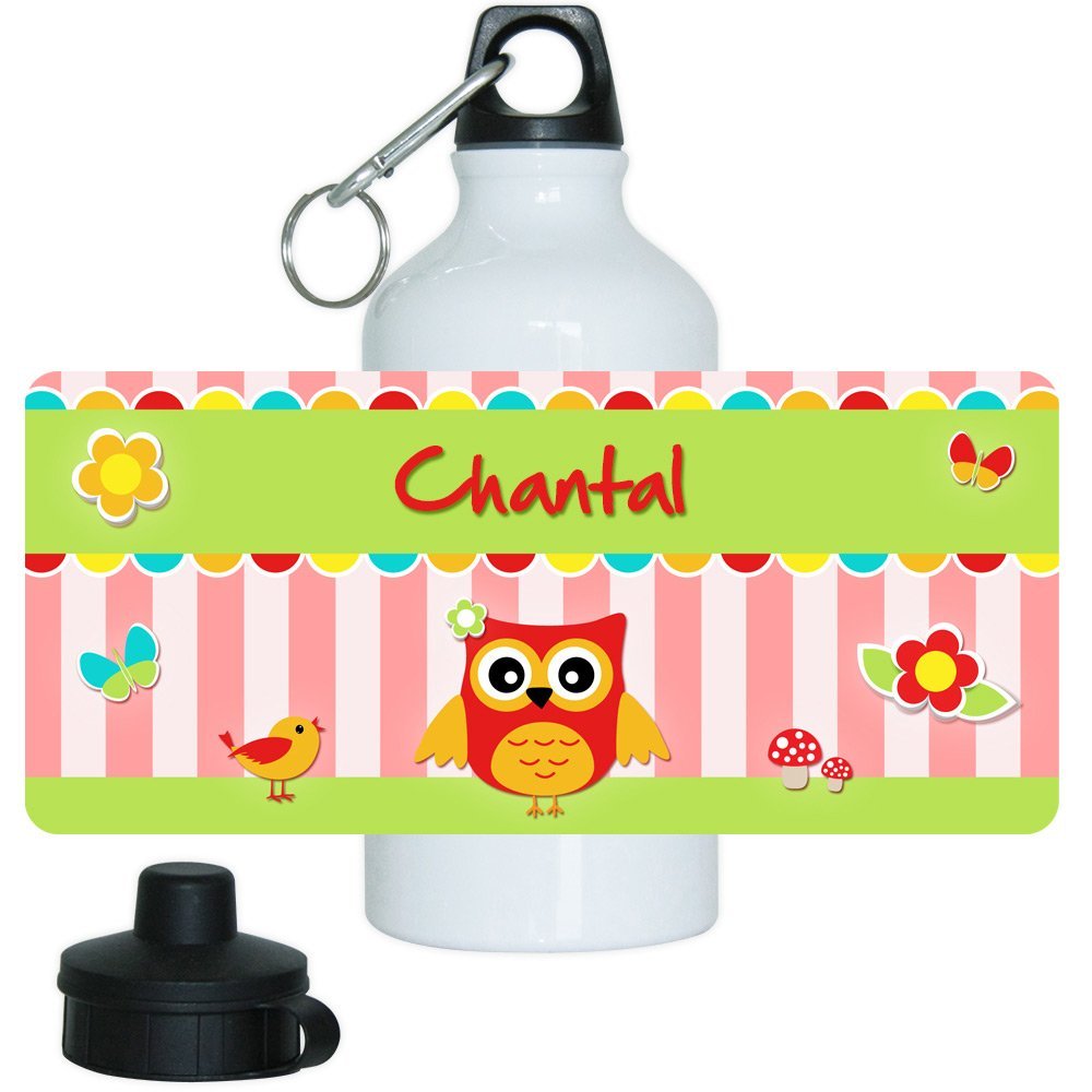 Eurofoto Aluminum Water Bottle with Chantal Name and Owl Design for Girls
