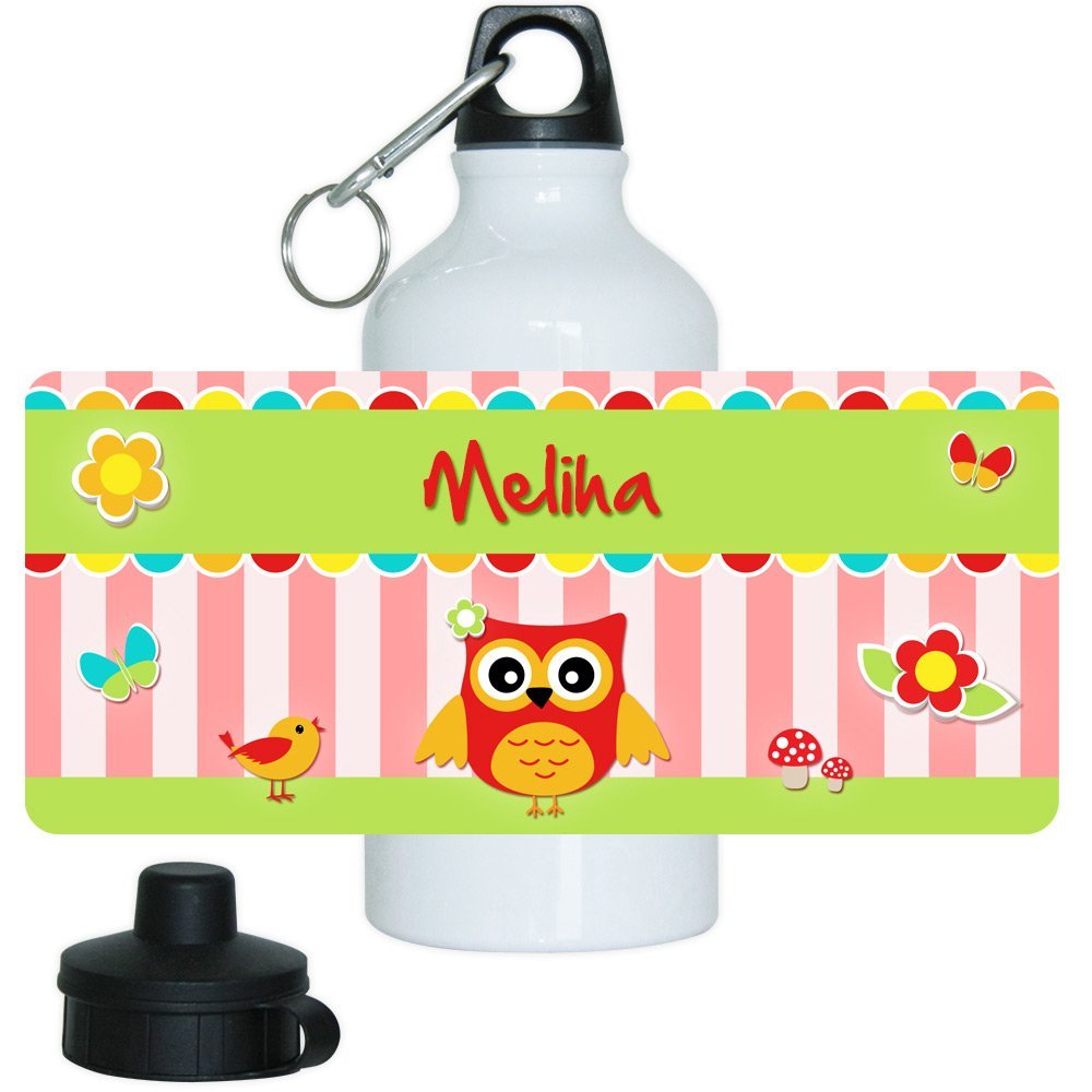 Aluminum Drinking Bottle with Meliha Name and Owl Design for Girls