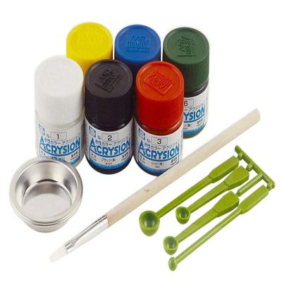 GSI Creos Mr. Hobby NS30 Acrysion Color Starter Set, Model Paint Set, 6 Colors, Brush, Paint Trays, Mixing Spoon