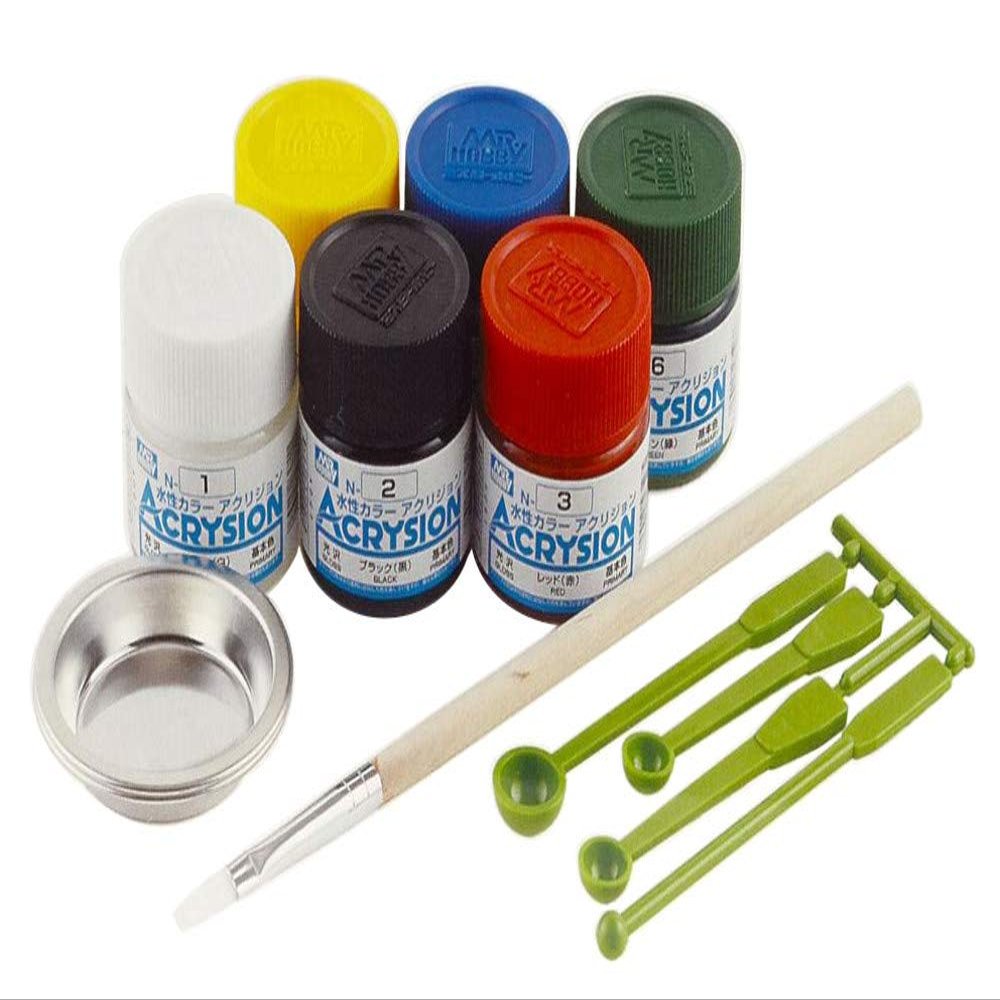 GSI Creos Mr. Hobby NS30 Acrysion Color Starter Set, Model Paint Set, 6 Colors, Brush, Paint Trays, Mixing Spoon