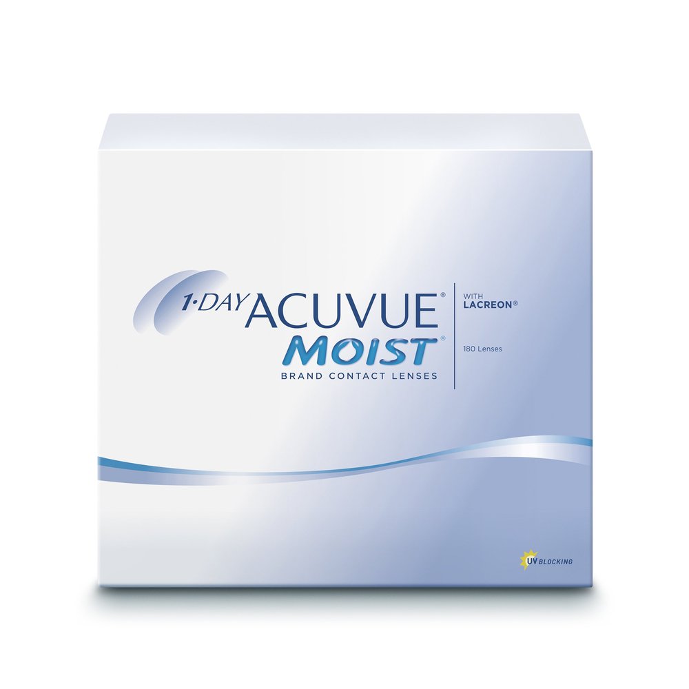 ACUVUE MOIST 1-Day Daily Contact Lenses for Sensitive Eyes, -7.00 D, BC 9, UV Protection, 180 Lenses