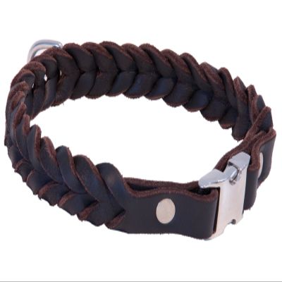 CopcoPet Braided Oiled Leather Dog Collar with Metal Click Closure, Brown, 60 cm x 20 mm
