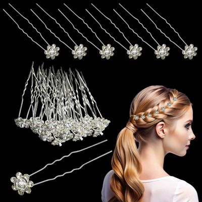 Trimming Shop Rose Flower Hair Pins, Stainless Steel, Swarovski Crystals and Silver-Plated, for Women, Weddings, Parties, Silver, 10-Piece
