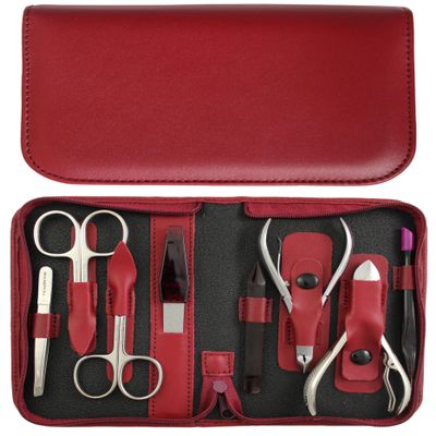 8-Piece Professional Manicure and Pedicure Case, Burgundy Genuine Leather
