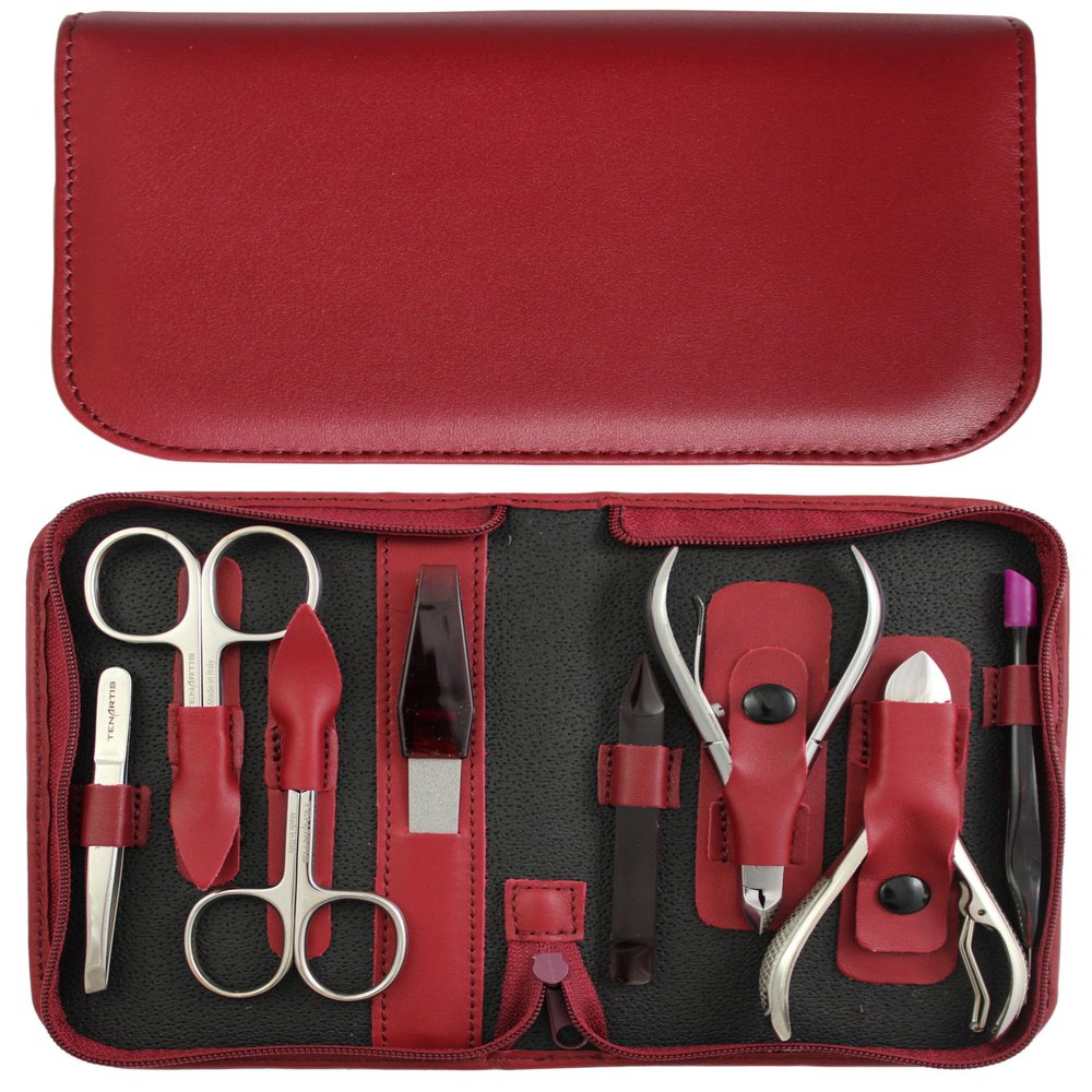 8-Piece Professional Manicure and Pedicure Case, Burgundy Genuine Leather