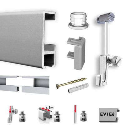 Neumann 3 m Picture Hanging Rail Set with Sliders, Matte Silver