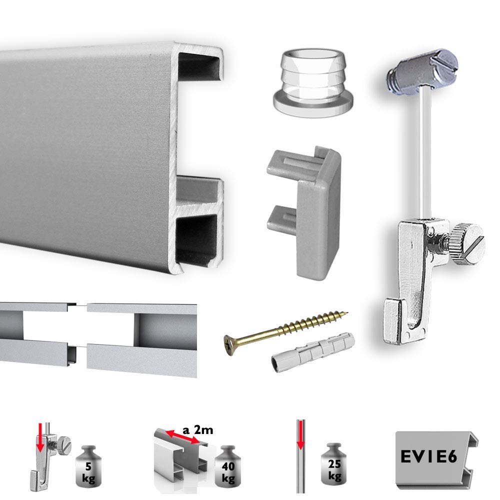 Neumann 3 m Picture Hanging Rail Set with Sliders, Matte Silver