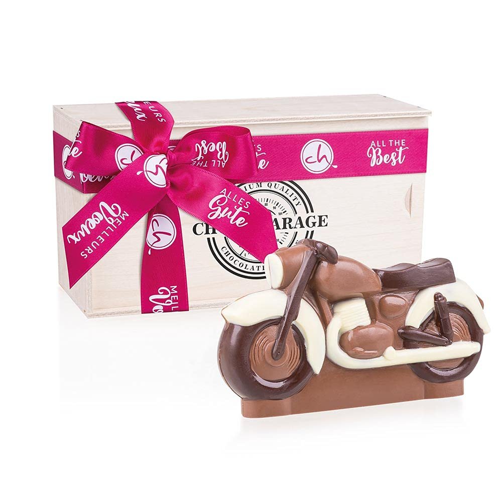 ChocoMotor II – Birthday Motorcycle Made of Milk Chocolate | Wooden Box with Birthday Ribbon | Gift for Motorcycle Lovers | Children | Adults | Men