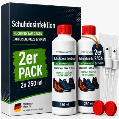 Primaderm Shoe Disinfectant Spray Against Fungi, Bacteria and Viruses, 2 x 250 ml