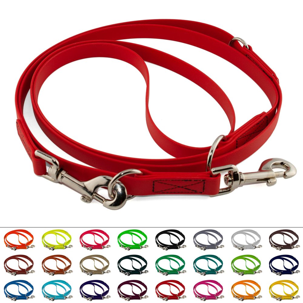 LENNIE Adjustable BioThane Lead, 9 mm Wide, 3 m Long, Red, Stitched, Double Leash