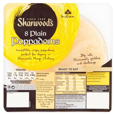 Sharwood's Plain Poppadums (8 per pack) - Pack of 6
