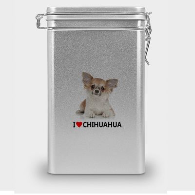 Chihuahua Dog Food Canister, Treat Tin, Metal Storage Tin – Silver