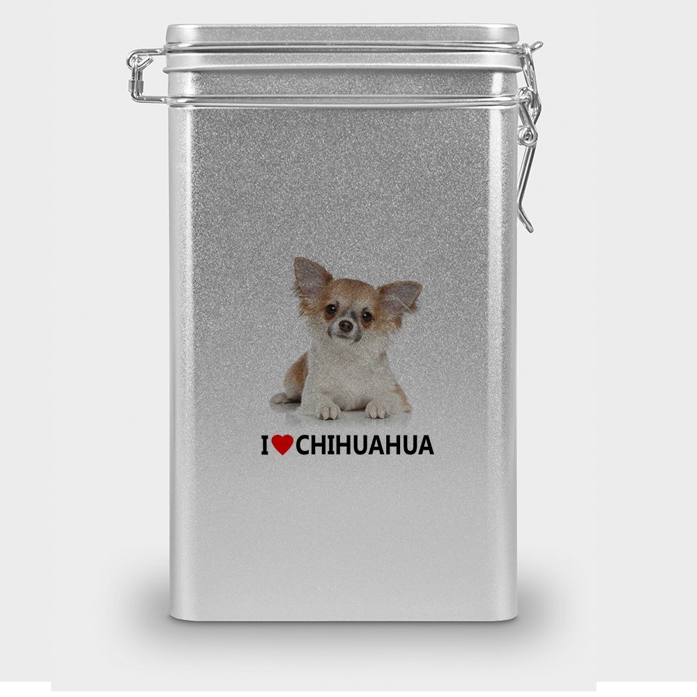 Chihuahua Dog Food Canister, Treat Tin, Metal Storage Tin – Silver