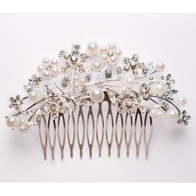 Miya Style 10 Silver Pearl and Crystal Floral Hair Comb